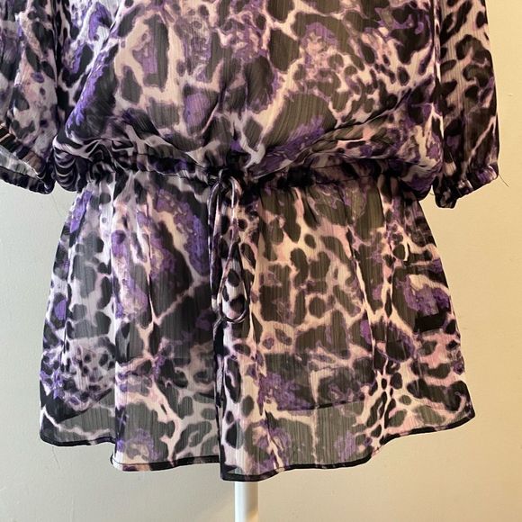 Purple Sheer Leopard V-Neck Blouse - 3/4 Sleeves - Picture 3 of 6